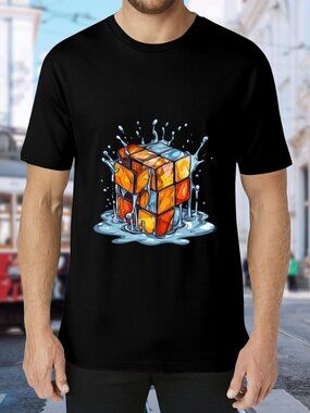 Men's Black Short Sleeve Tee with Orange Rubik Cube Graphic
